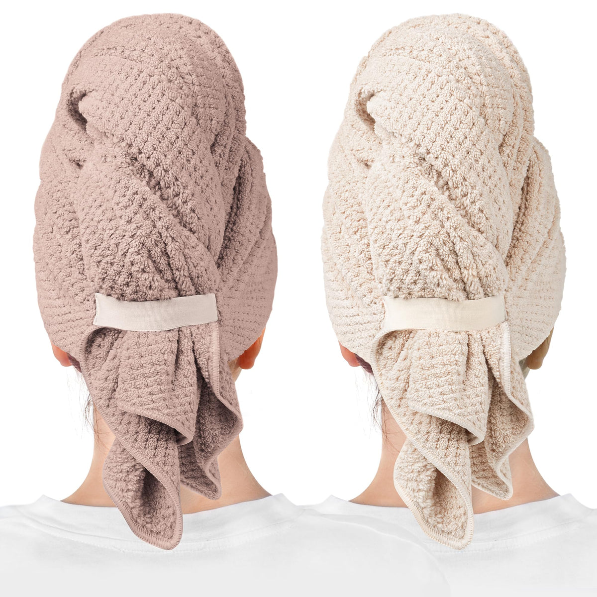 ROLSHOL front view of mauve and clay towels showing two-pack colors and fit benefit