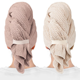 ROLSHOL front view of mauve and clay towels showing two-pack colors and fit benefit