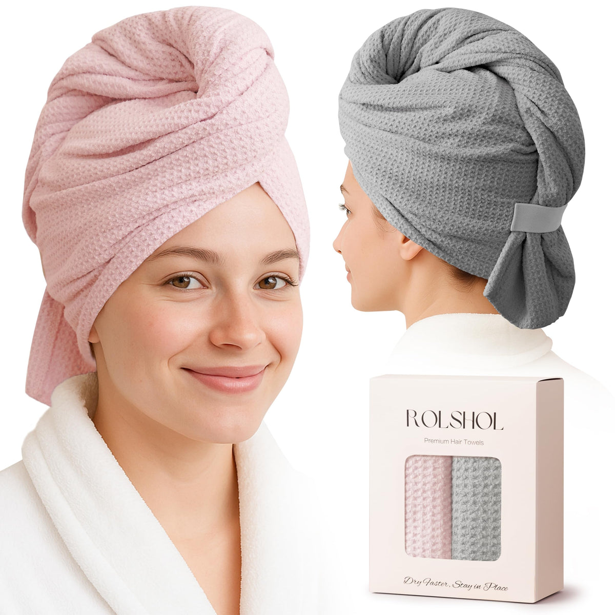 ROLSHOL front view of two towel wraps showing pink and grey colors and full coverage