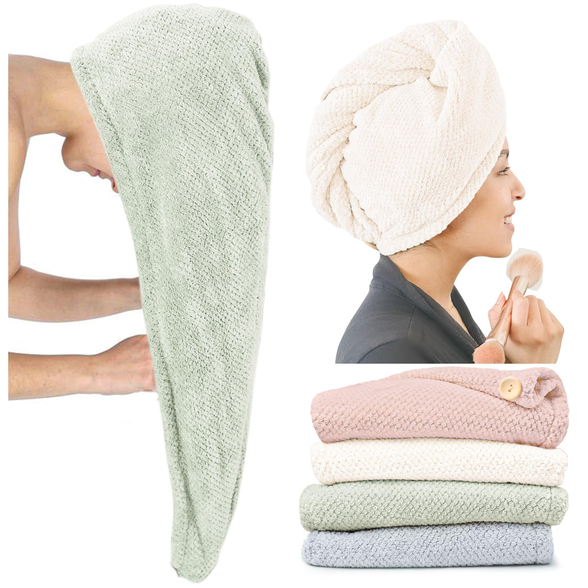 ROLSHOL front view of four towel wraps showing colors and packaging benefit quick drying