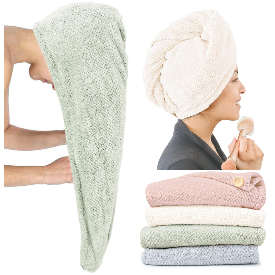 ROLSHOL front view of four towel wraps showing colors and packaging benefit quick drying