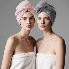 ROLSHOL pink and grey towels flatlay showing two-color pack versatility