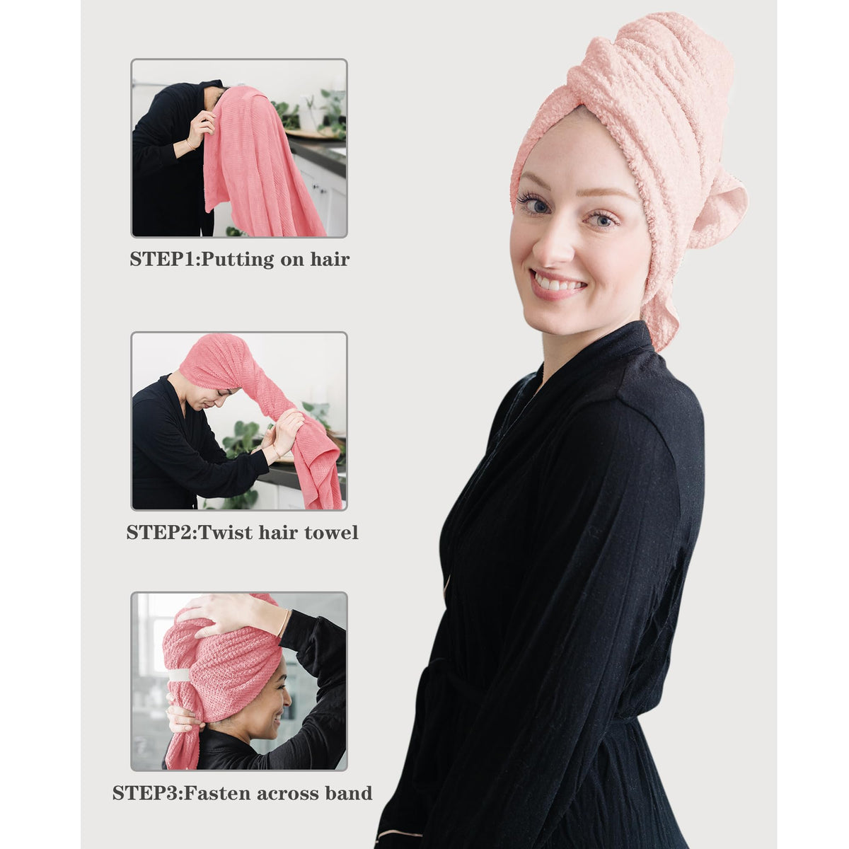 ROLSHOL towel wrapped on model with curly hair demonstrating secure fit