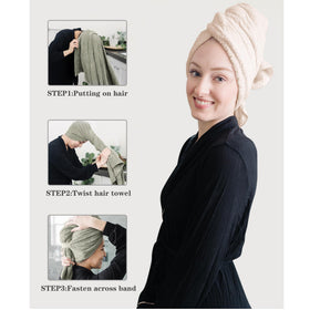 ROLSHOL towel wrapped on head demonstrating secure hands-free drying