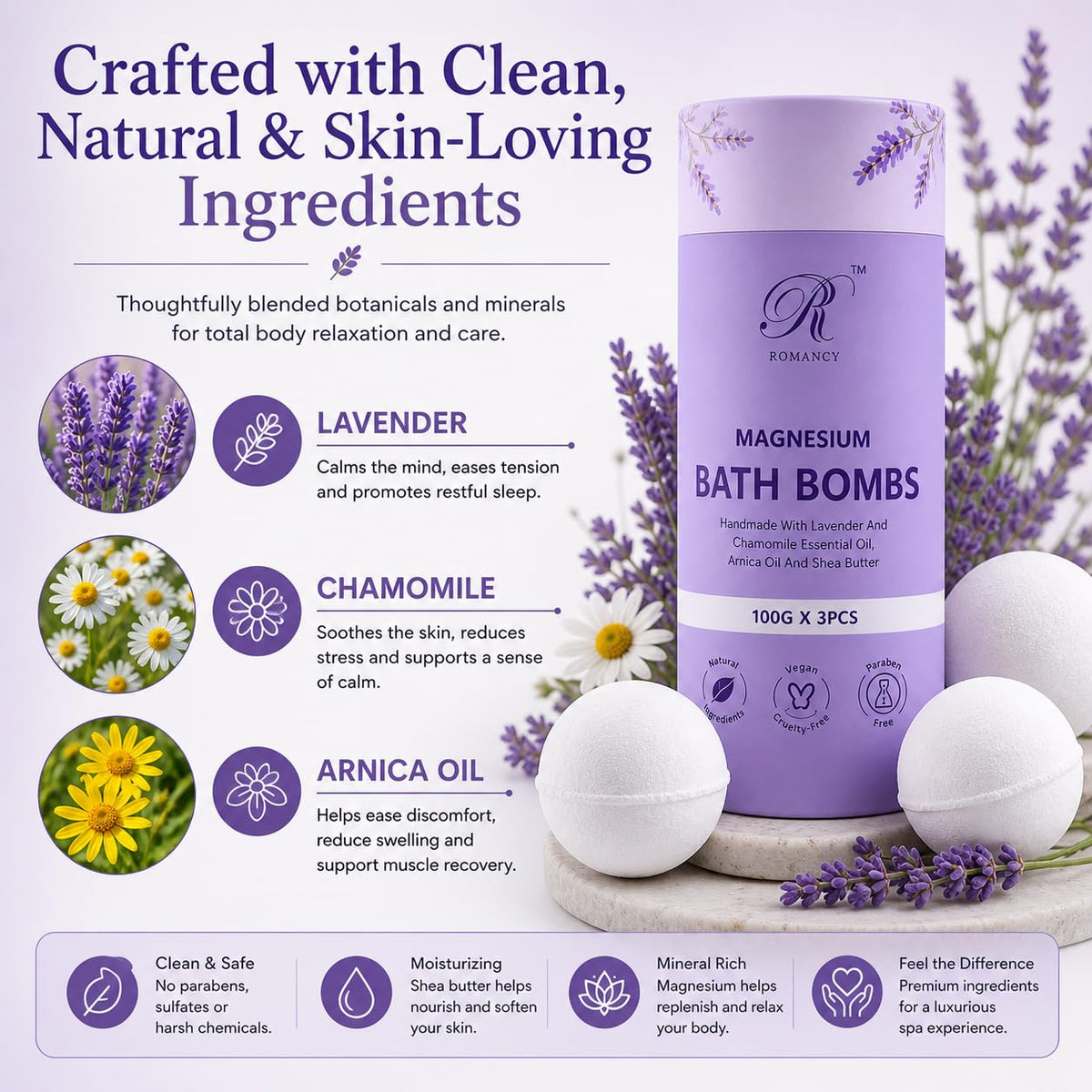Romancy bath bomb beside a hand to show XL scale and generous soak time, demonstrates value
