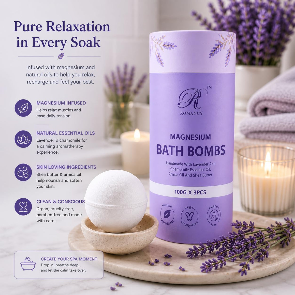 Romancy bath bomb fizzing in warm bathwater releasing calming lavender aroma, supports relaxation