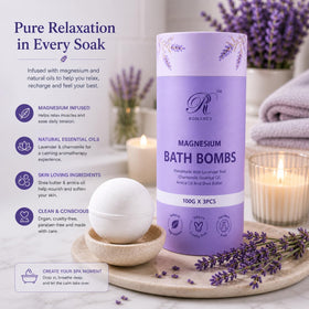 Romancy bath bomb fizzing in warm bathwater releasing calming lavender aroma, supports relaxation