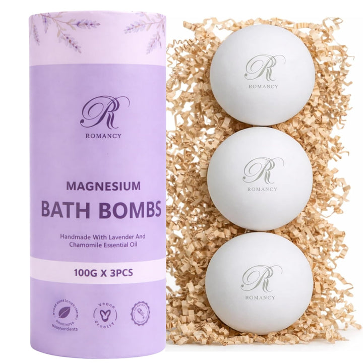Romancy front packaging showing lavender bath bombs and gift-ready box, promotes elegant gifting
