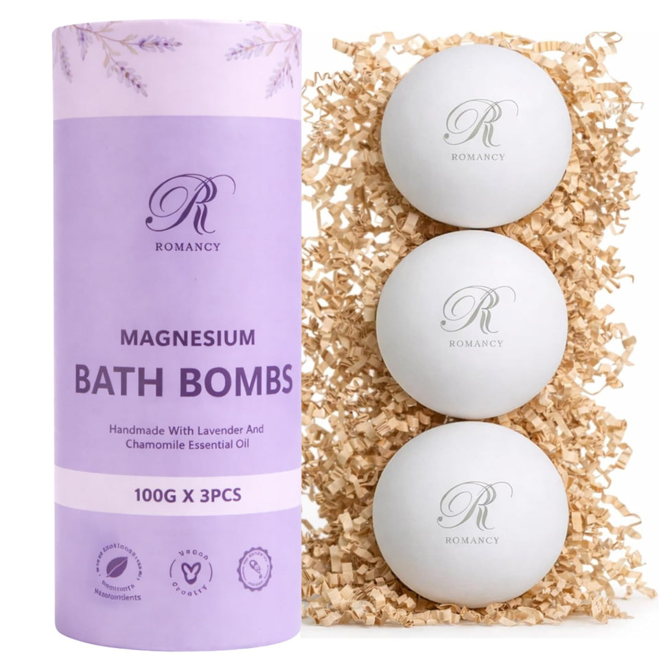 Romancy front packaging showing lavender bath bombs and gift-ready box, promotes elegant gifting