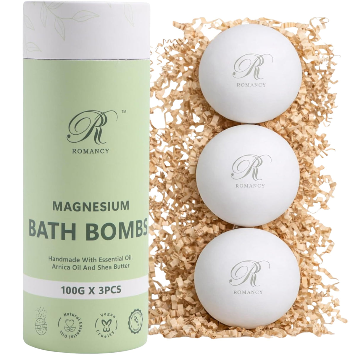 Romancy front packaging showing XL bath bombs and benefits for recovery