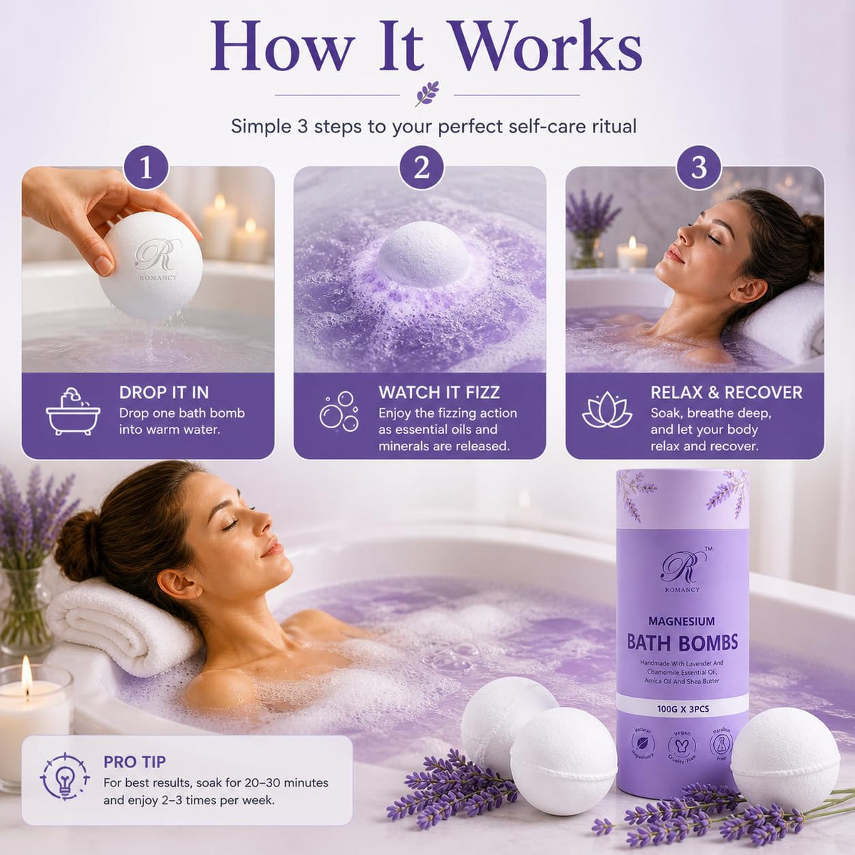 Romancy ingredients display with Epsom salt and essential oils for muscle comfort and aromatherapy