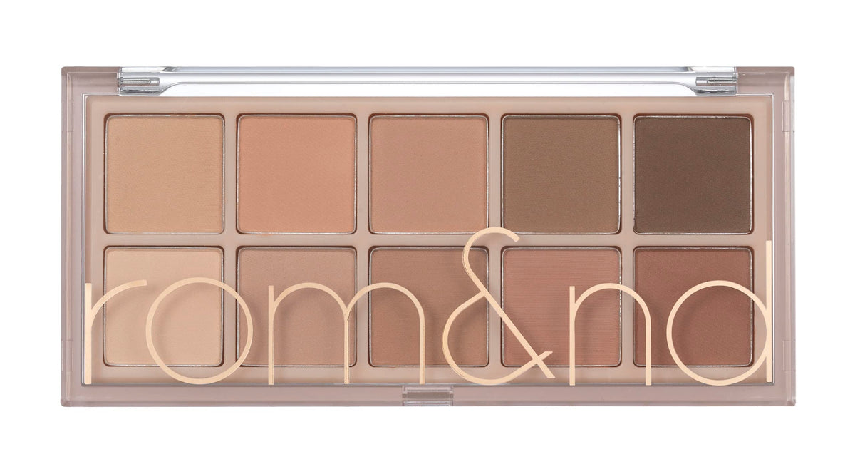 rom&nd palette front packaging showing ten warm matte and shimmer shades, easy-to-carry
