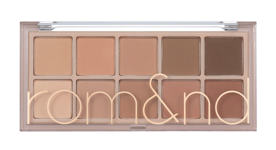 rom&nd palette front packaging showing ten warm matte and shimmer shades, easy-to-carry