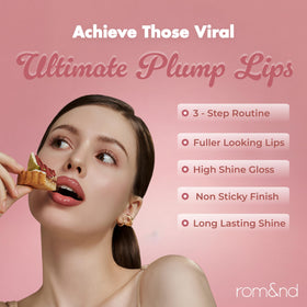 rom&nd Glasting Color Gloss swatch showing glossy sheen for light-reflective plumping