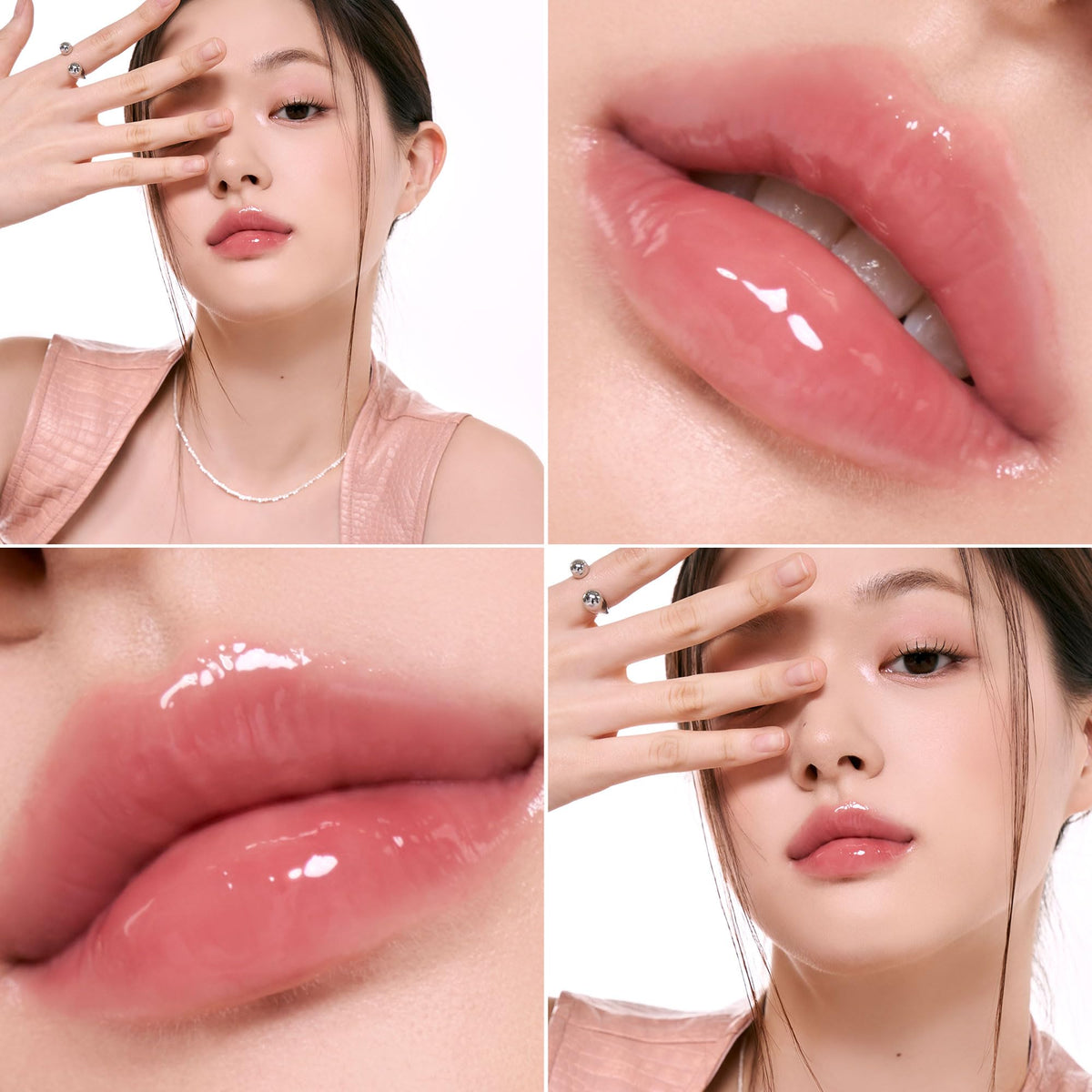 rom&nd gloss Peony Ballet applied on lips straight on highlighting high-shine, plumping visual effect