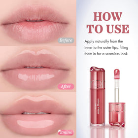 rom&nd lip oil applied on lips in lifestyle shot for plumper, dewy look