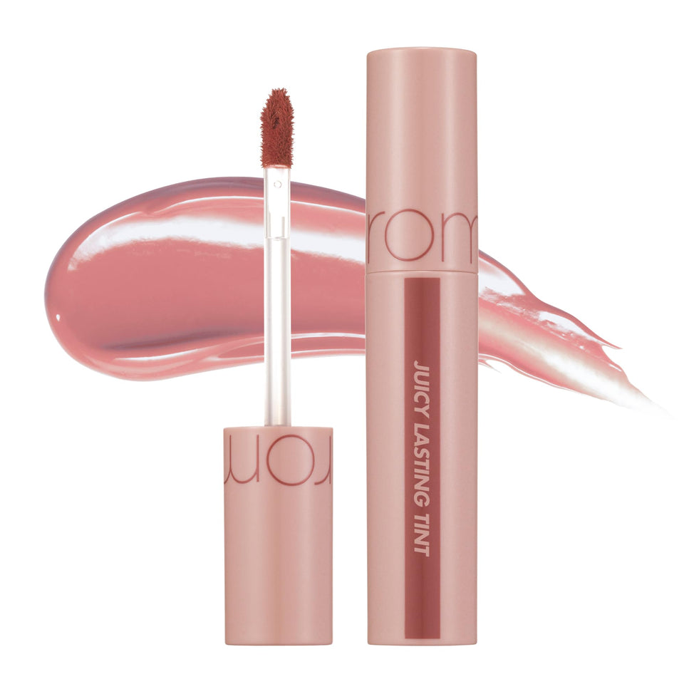rom&nd front packaging showing shade #23 Nucadamia and glossy finish benefit