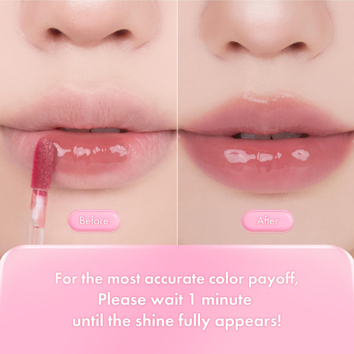 rom&nd lips before and after showing plumped glossy result and natural tint