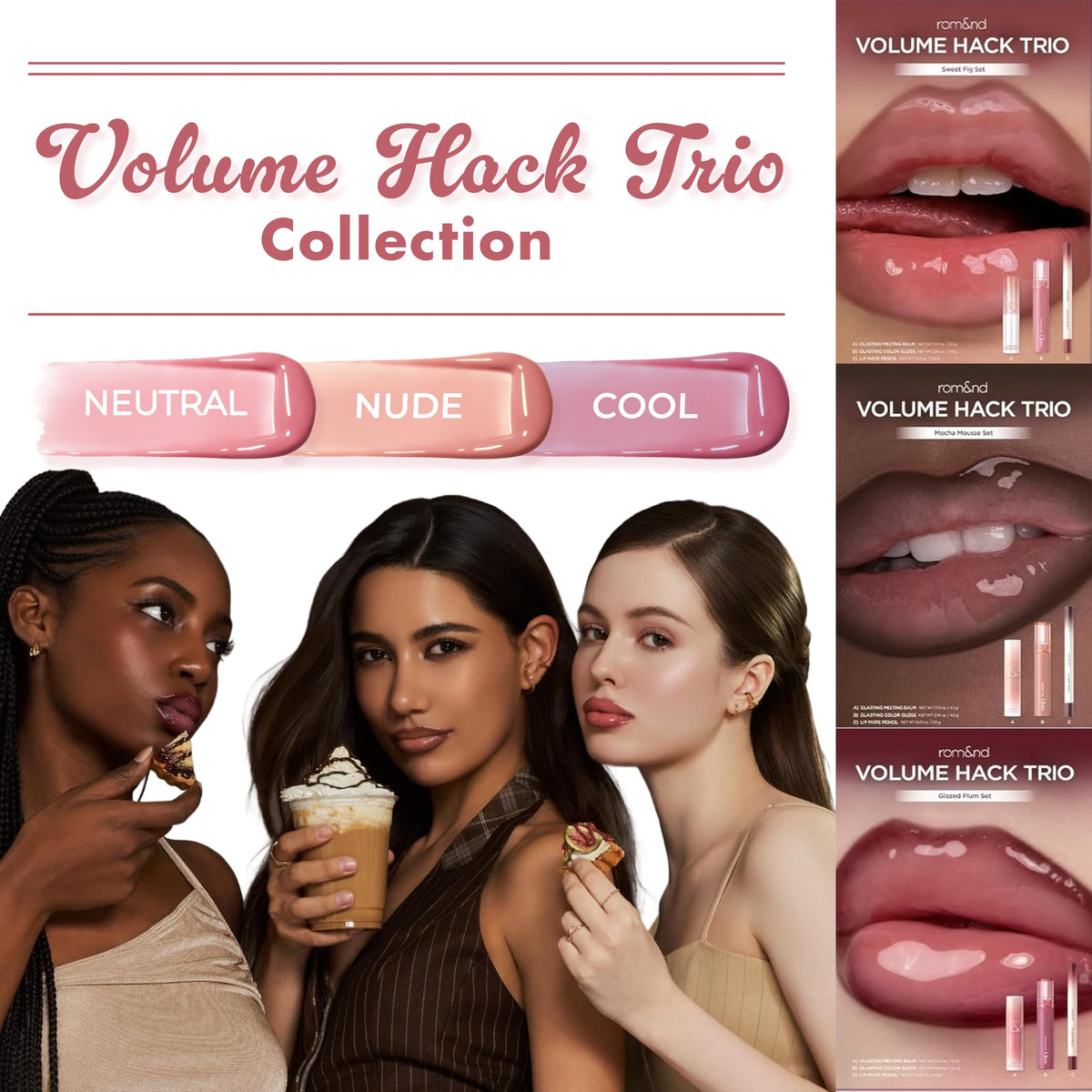 rom&nd model wearing Glazed Plum Set showing hydrated, fuller-looking lips