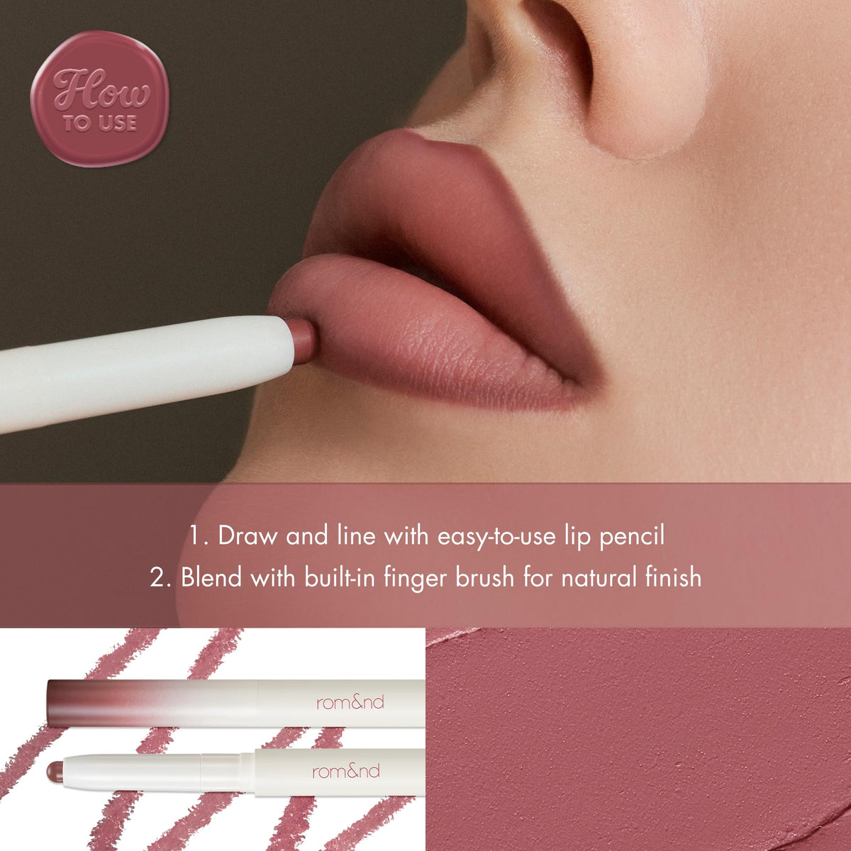 rom&nd lip mate pencil swatches on arm displays Fig Spread payoff and undertone