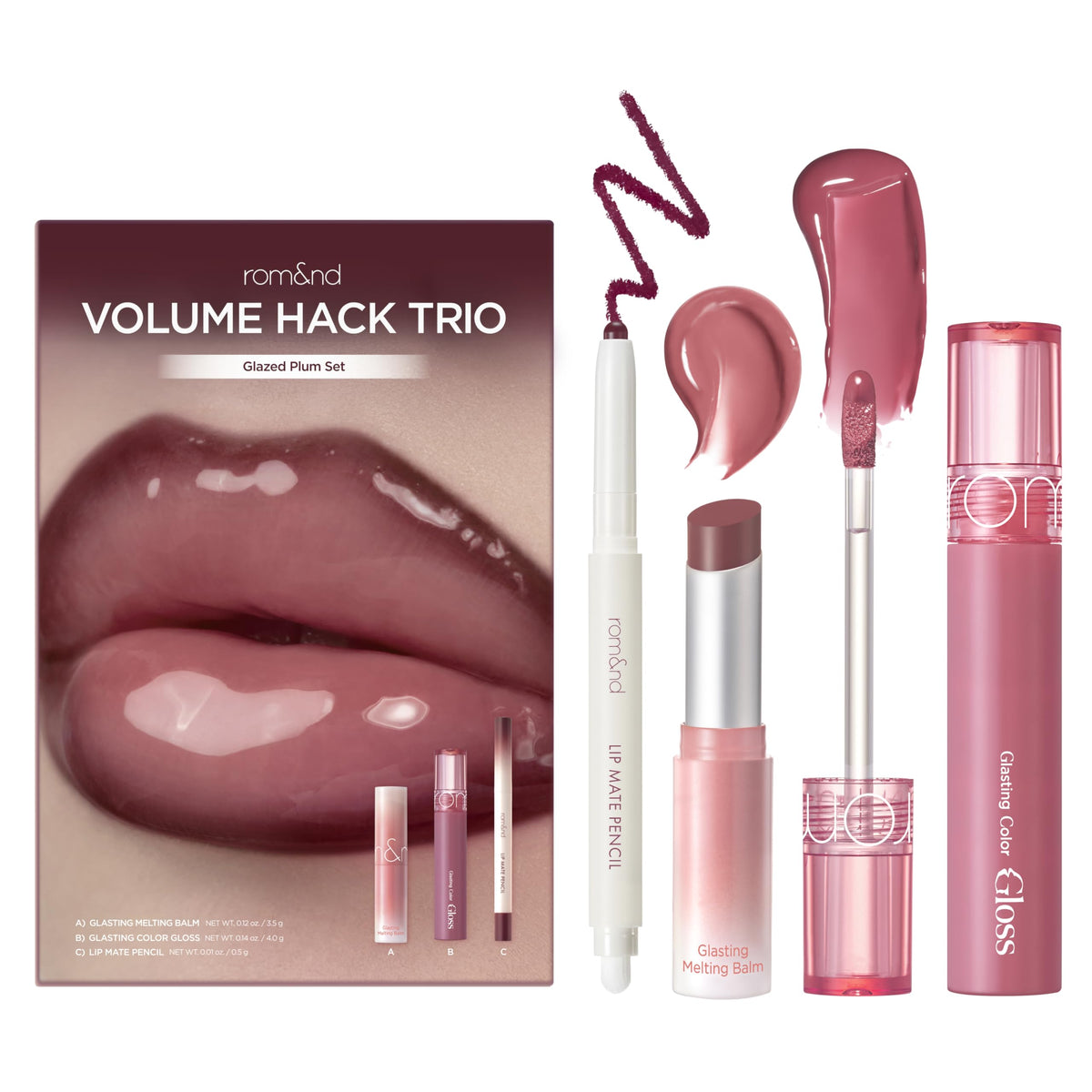 rom&nd front packaging of Volume Hack Trio shows gift-ready kit and benefits