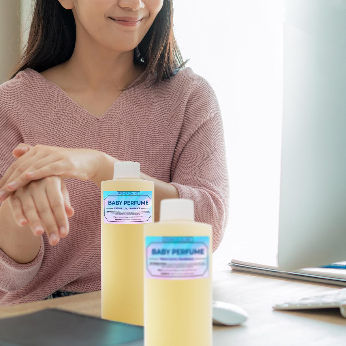 ROMERIZA INC. oil pouring close-up illustrates concentrated, long-lasting scent