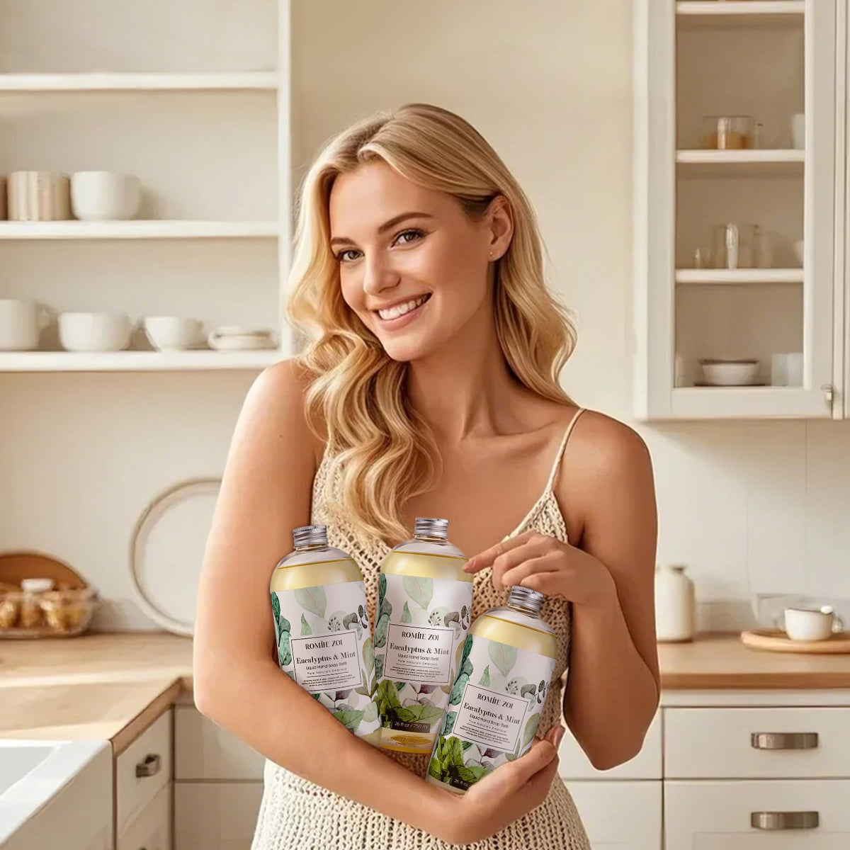 ROMIIE ZOI refill bottles on a bathroom shelf offering long-lasting supply benefit