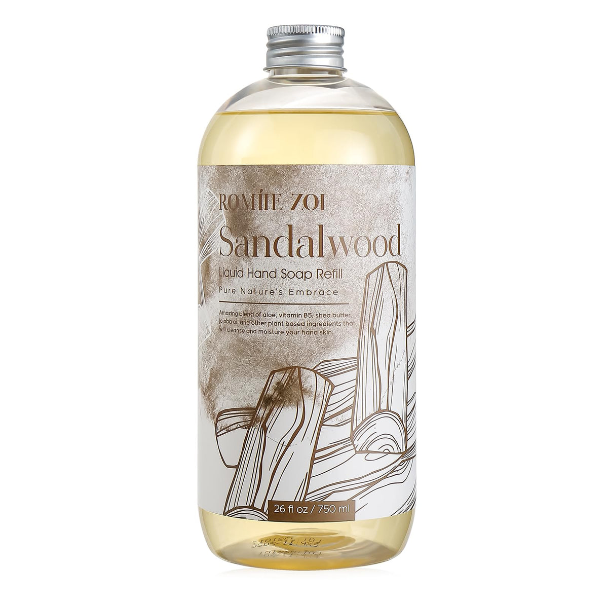 ROMIIE ZOI front label of 750ml refill shows product and sandalwood scent benefit