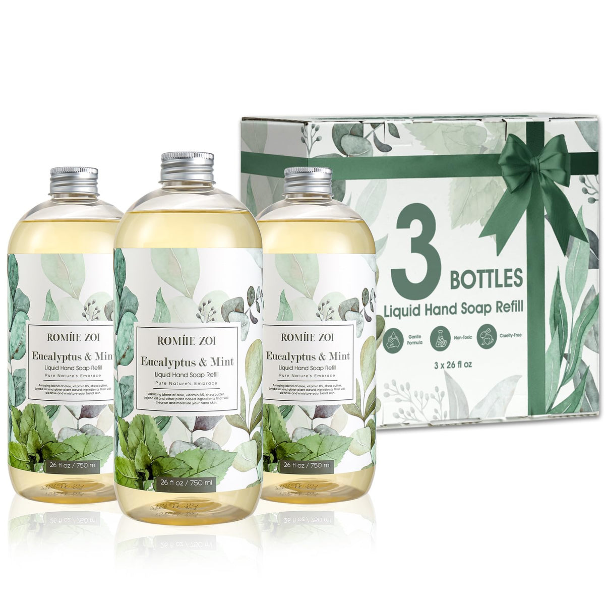 ROMIIE ZOI front packaging showing three refill bottles and eucalyptus mint benefit
