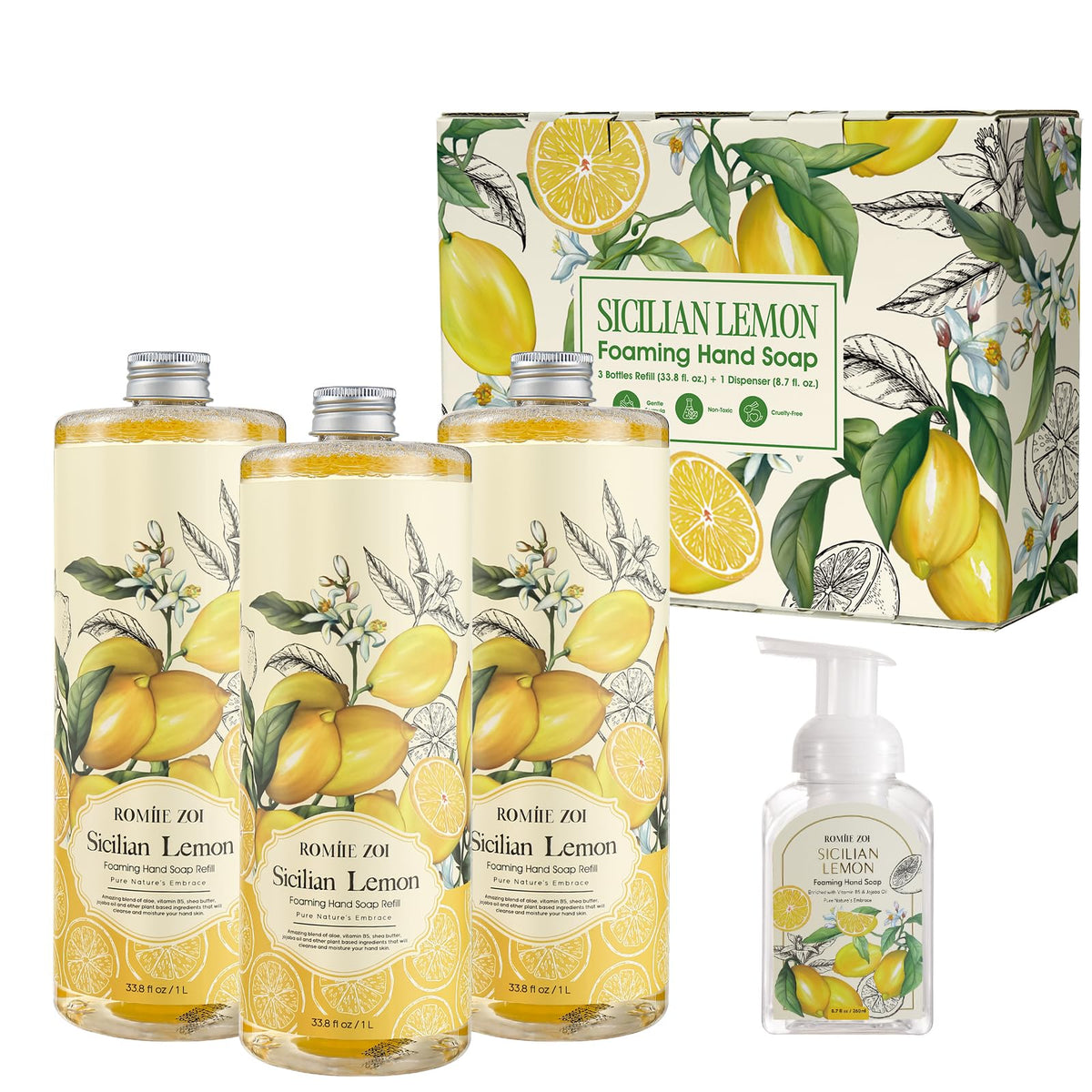 ROMIIE ZOI front packaging showing three refill bottles and dispenser benefit convenience