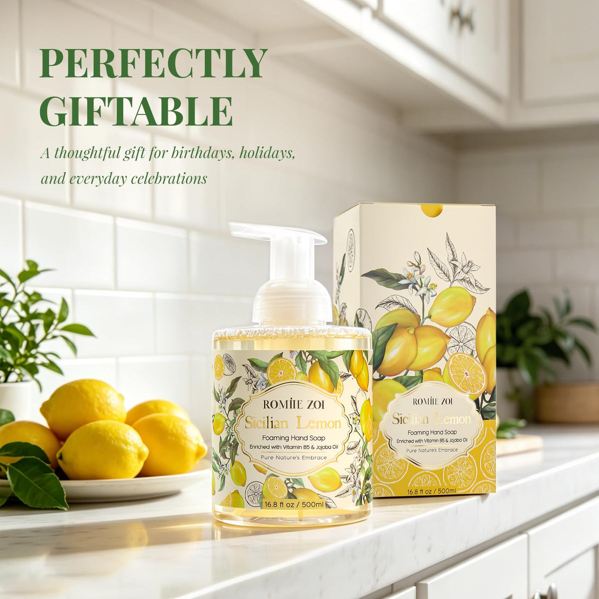 ROMIIE ZOI label close-up highlighting fragrance notes and product benefits