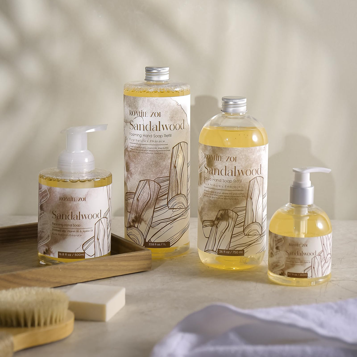 ROMIIE ZOI placed beside sink in bathroom showcasing calming sandalwood ambiance benefit