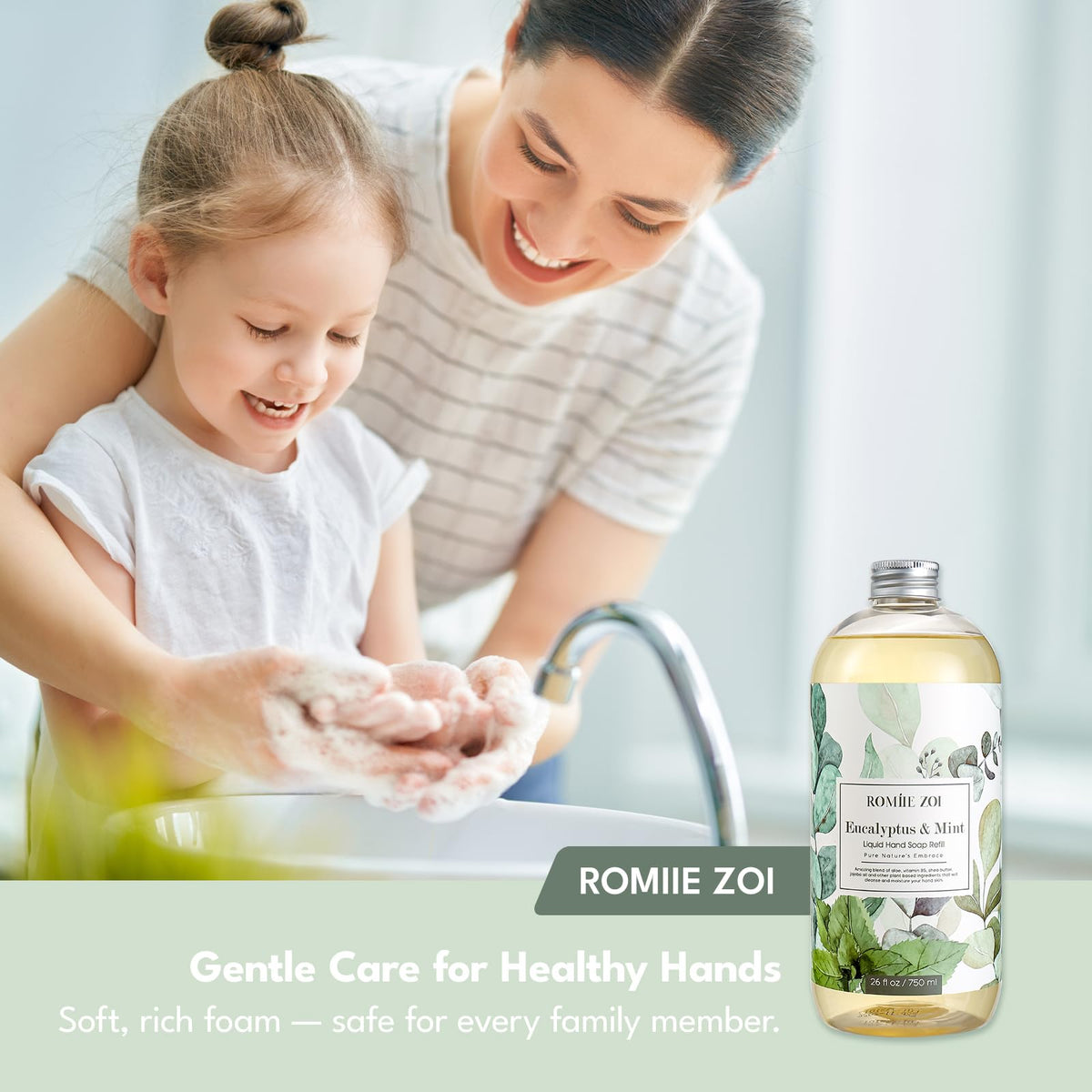 ROMIIE ZOI 750 ml bottle beside a hand to show scale and large refill capacity