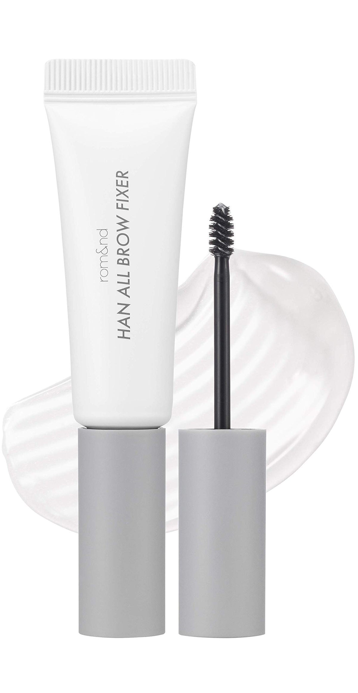 rom&nd front tube showing slim packaging and clear eyebrow gel benefits