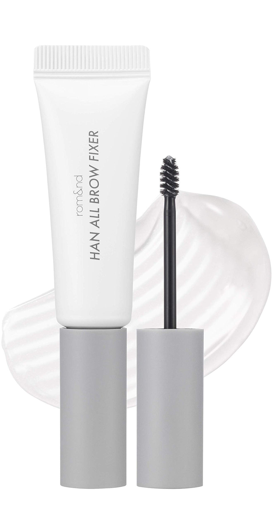 rom&nd front tube showing slim packaging and clear eyebrow gel benefits