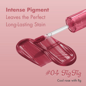 rom&nd lip swatch on model showing flattering rosy plum color benefit