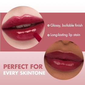 rom&nd lips full coverage application showing bold, even berry color payoff