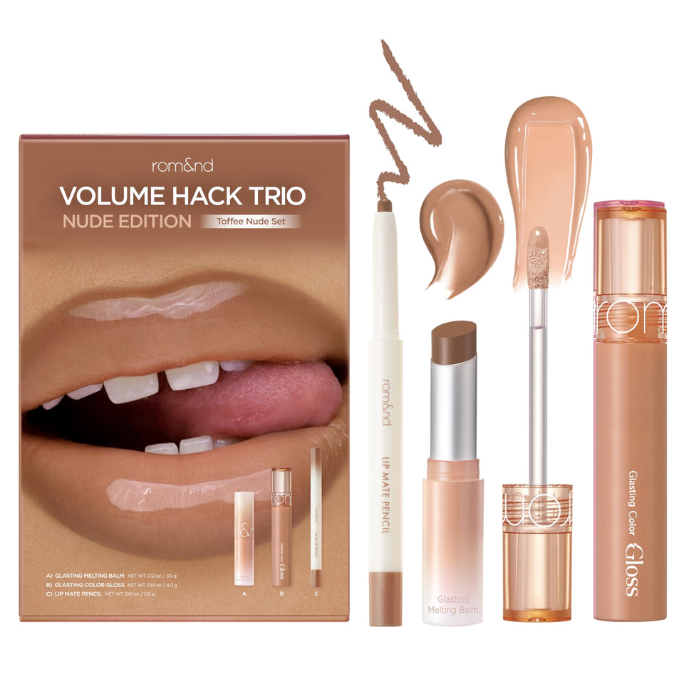 rom&nd front packaging of Toffee Nude trio showing set and gift box, stylish present
