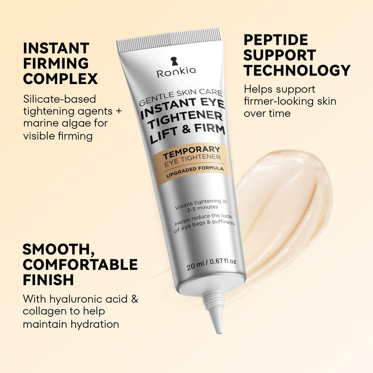 RONKIE application on under-eye illustrating quick tightening and immediate refreshed look