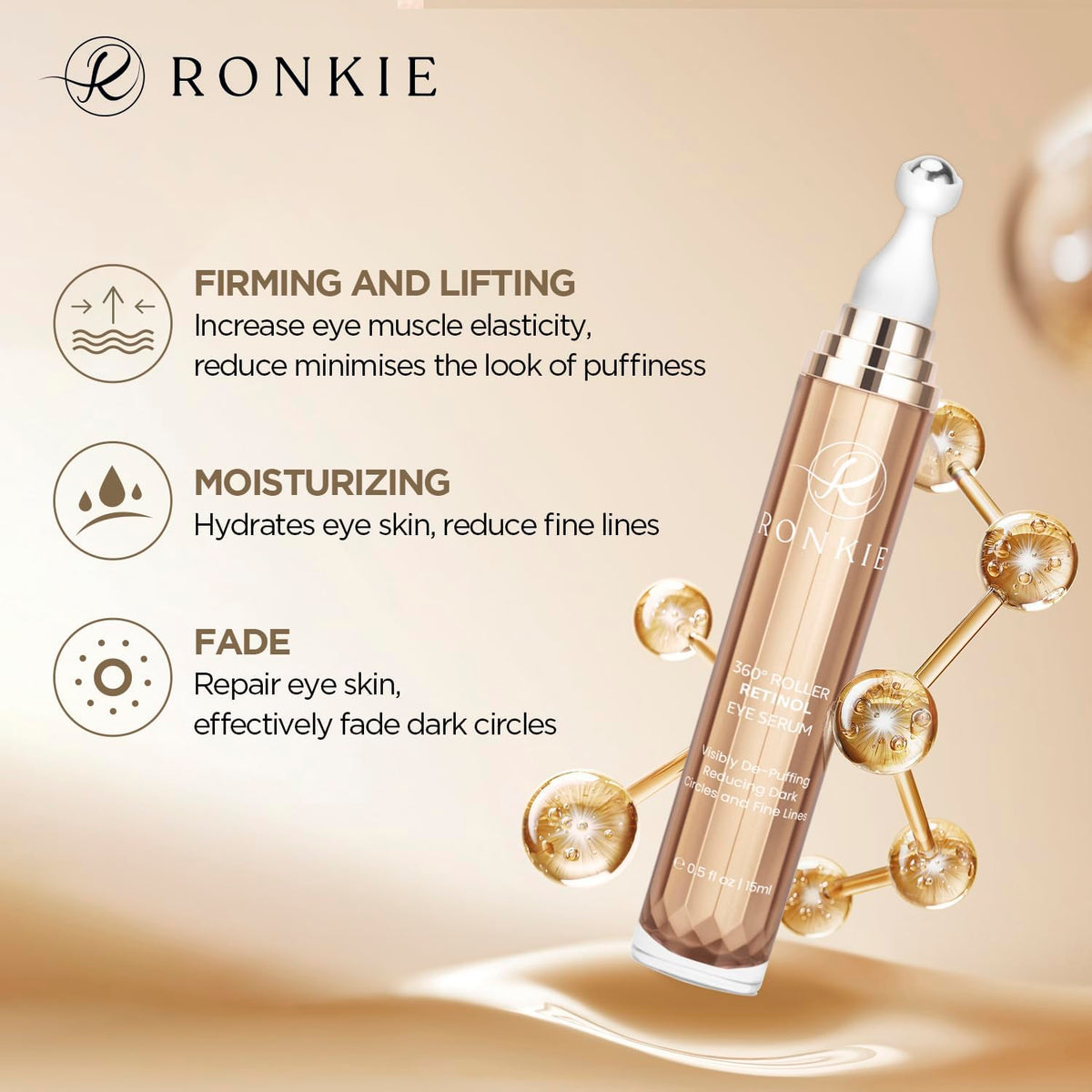 RONKIE ingredients flatlay featuring caffeine retinol hyaluronic support