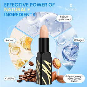 RONKIE label close-up highlighting caffeine, retinol, collagen, and hyaluronic acid benefits