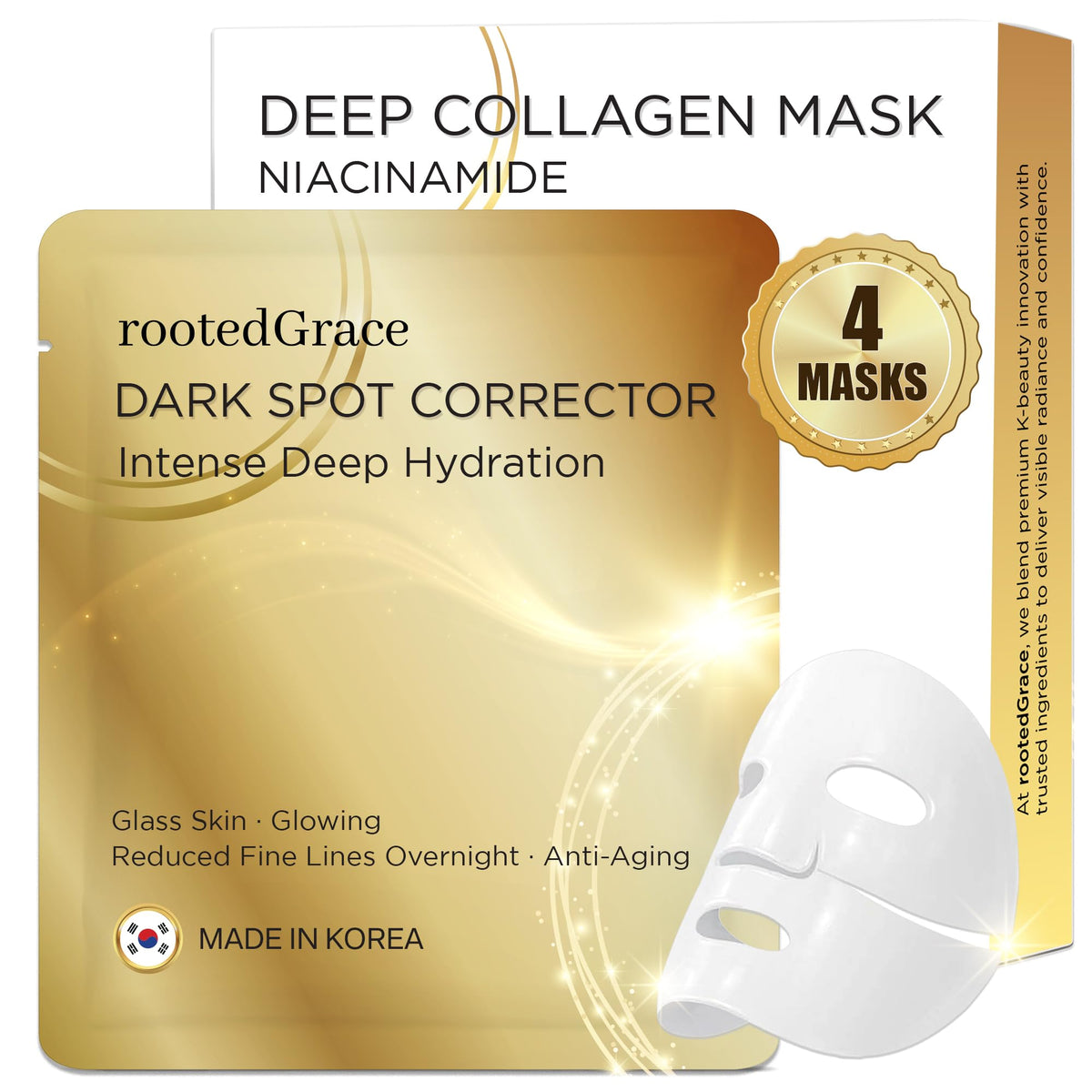 RootedGrace front packaging showing four hydrogel mask pouches and benefit callouts