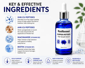 RootRenewal bottle next to a ruler showing size and easy daily-use benefit