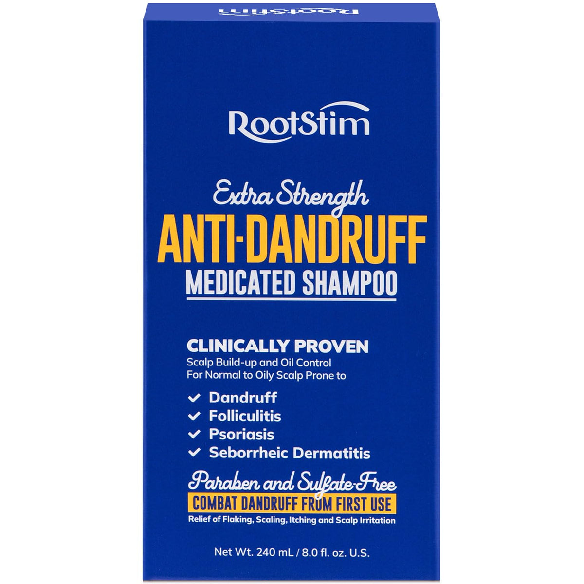 RootStim front bottle showing product and benefits for clear scalp