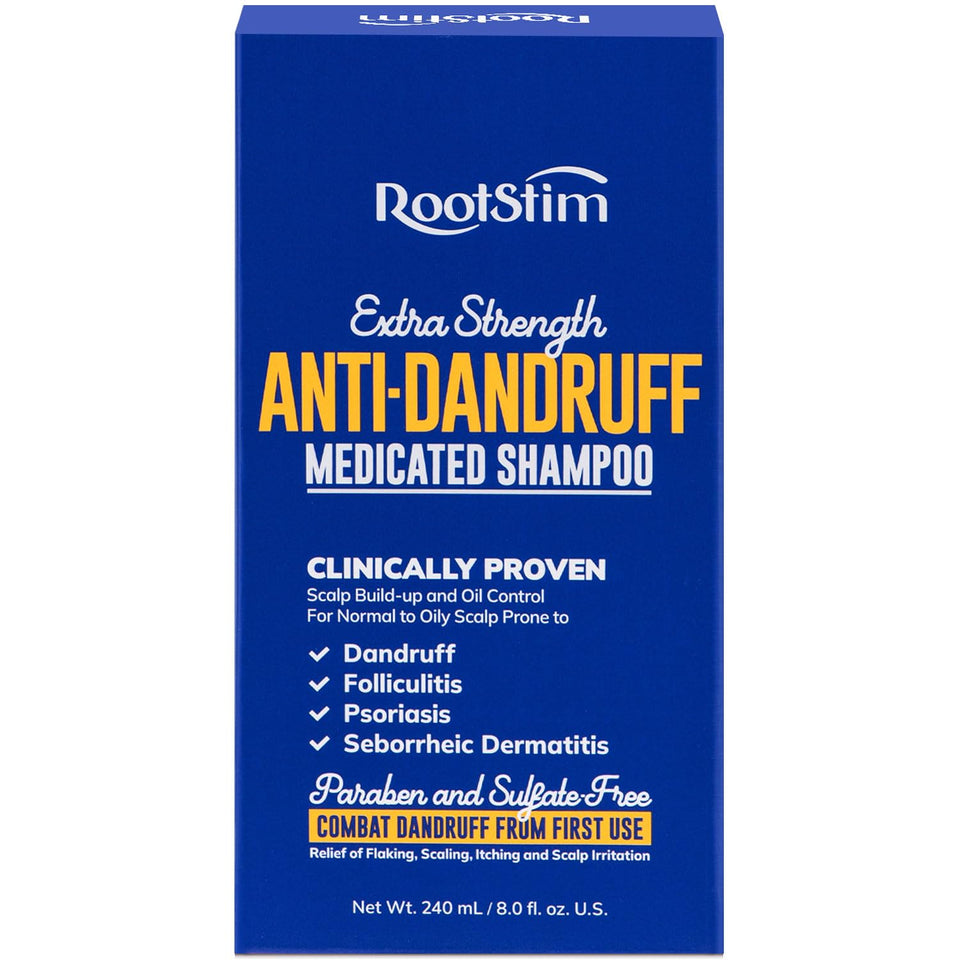 RootStim front bottle showing product and benefits for clear scalp