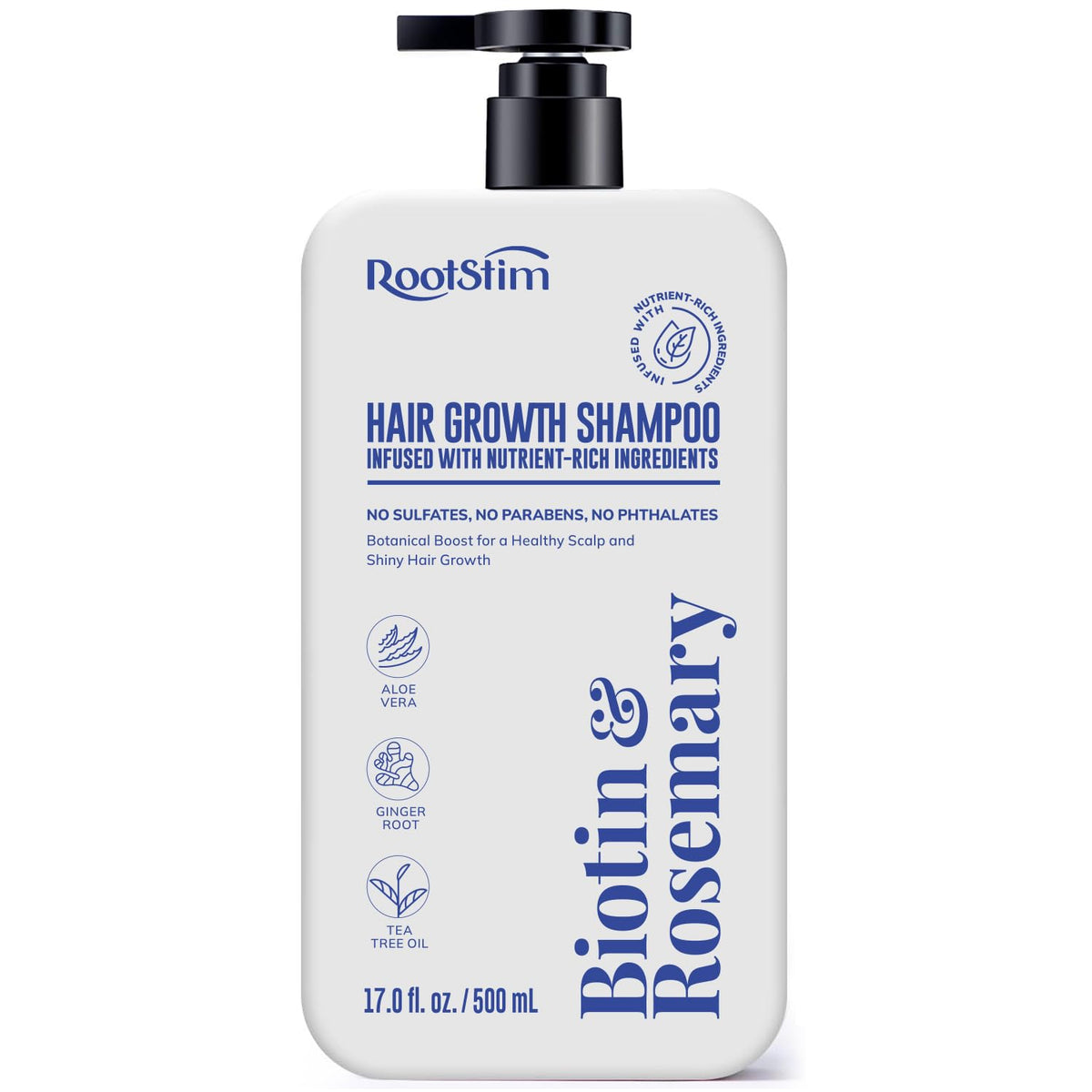 RootStim bottle front view showing product and thicker hair benefit