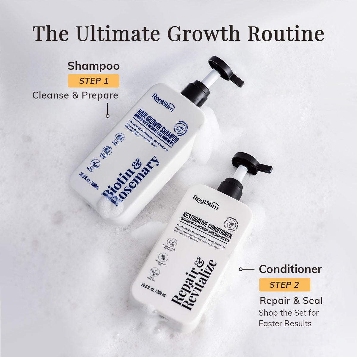 RootStim bottle styled on bathroom shelf conveying daily routine benefit