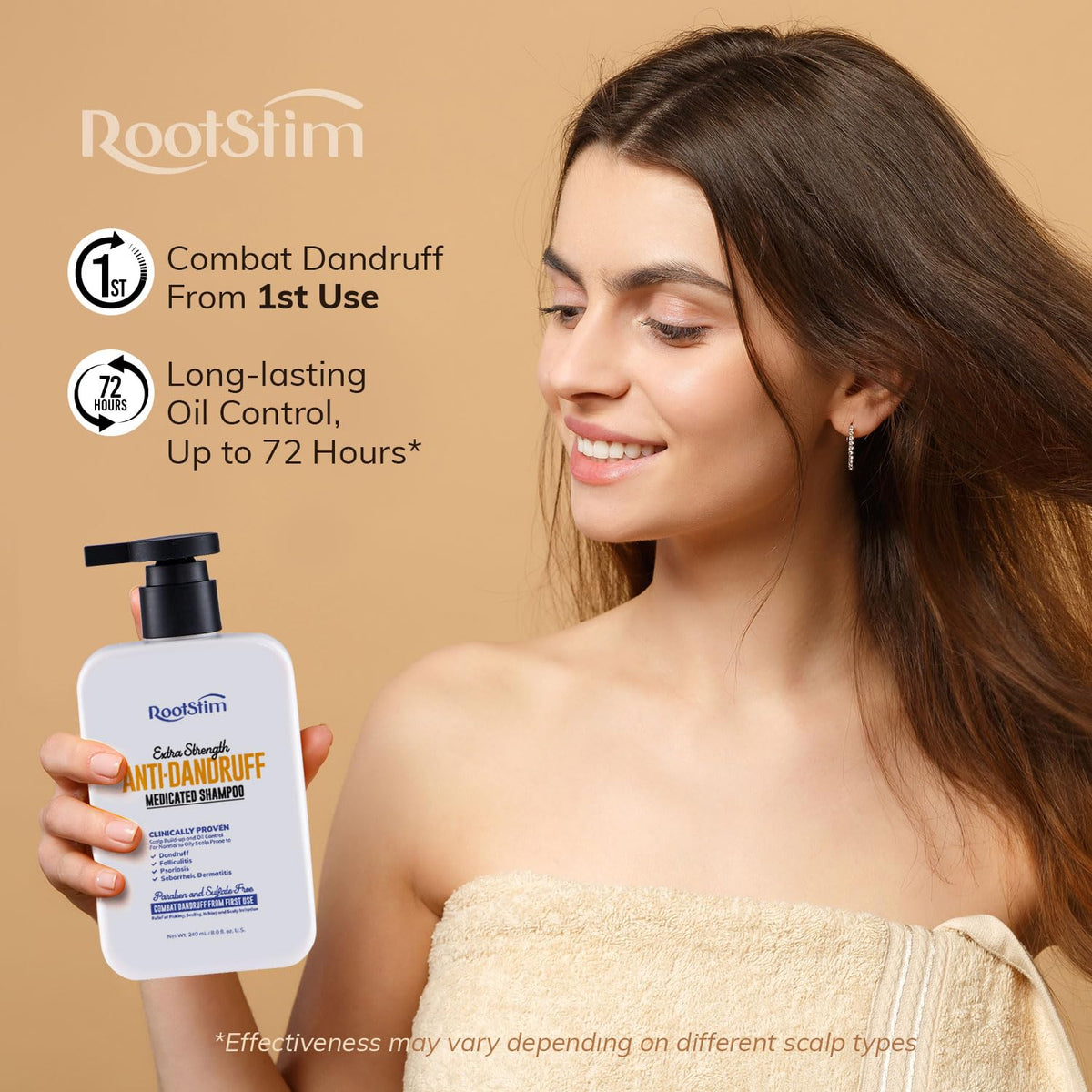 RootStim pump dispensing shampoo for easy, controlled application