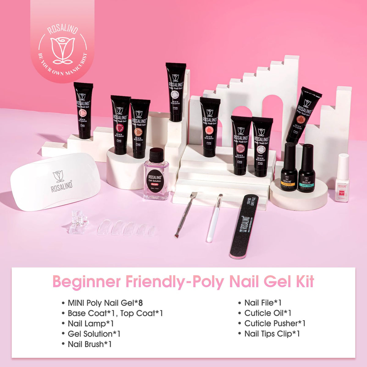 ROSALIND opened tubes displaying eight poly gel colors for versatile nail designs