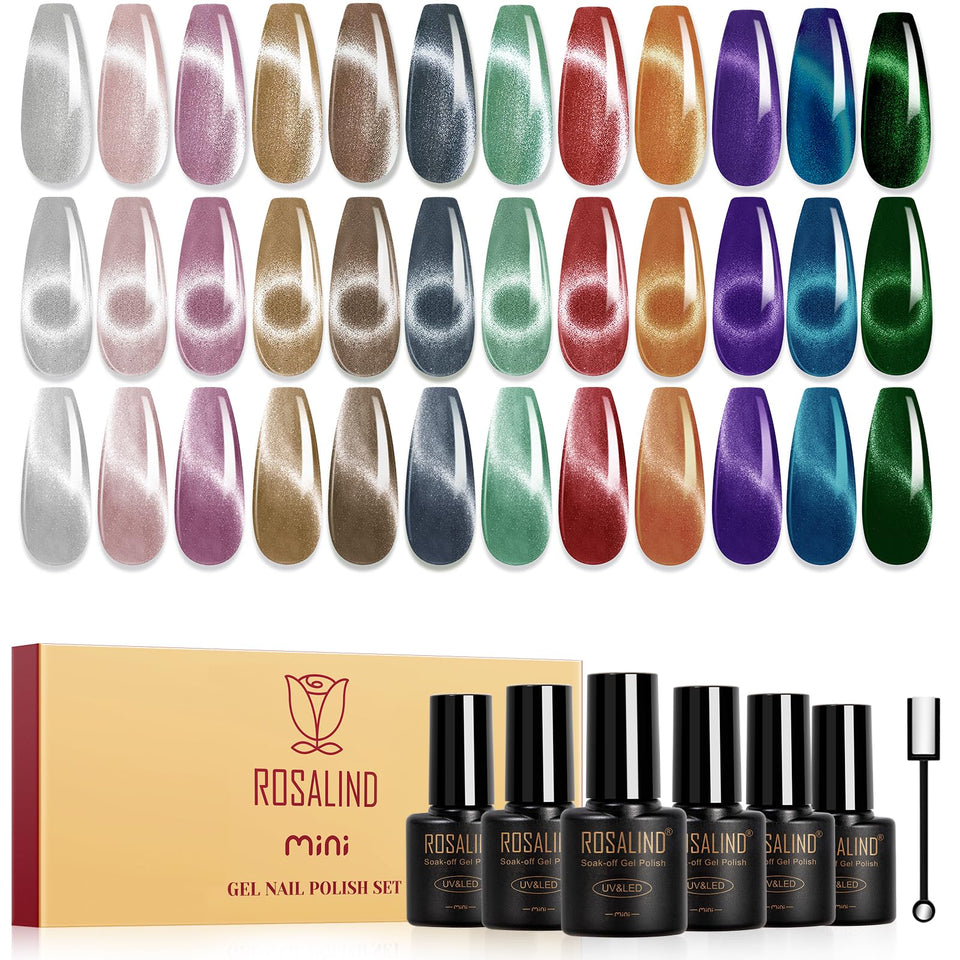 ROSALIND front packaging showing 12 glitter cat eye bottles and clear benefits